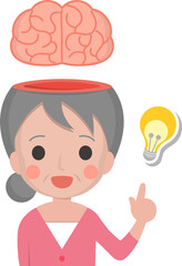 Elderly woman, grandmother with brain and light bulb