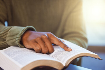 Hands, black man and reading books for knowledge, library and college education exam. Closeup...
