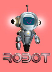 Obraz na płótnie Canvas Friendly positive cute cartoon metal robot with smiling. Chatbot greets. Customer support service chat bot, assistant, online consultant. 3d render and text effect