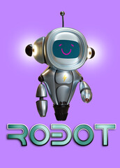 Friendly positive cute cartoon metal robot with smiling. Chatbot greets. Customer support service chat bot, assistant, online consultant. 3d render and text effect