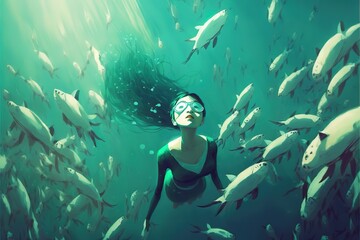 A girl under water among a flock of fish