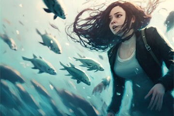 Obraz na płótnie Canvas A girl under water among a flock of fish