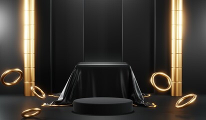 3D rendering of backdrop black podium background show room for black friday products and sale banner