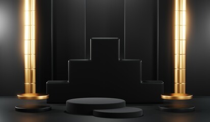 3D rendering of backdrop black podium background show room for black friday products and sale banner