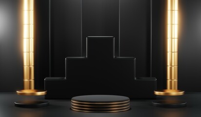 3D rendering of backdrop black podium background show room for black friday products and sale banner