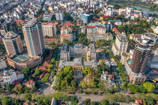 Hanoi, Vietnam - May 04, 2022: Top view aerial photo of Supreme People's Court, Ha Noi City, Vietnam