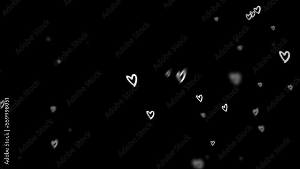 Poster abstract loop animation white hearts flow from left to right on black background. animation for vale