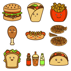 icon bundle of cute doodle fast food burrito burger burrito france fries fried chicken hot dog pizza sandwich taco soft drink and cola
