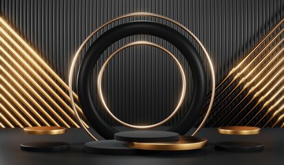 3D rendering of backdrop black podium background show room for black friday products and sale banner