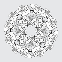 Floral mandala with roses. Outline Botanical pattern. Coloring page. Vector.