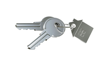 Keyring with a house and keys. House keys concept. Isolated on white. 