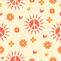 seamless pattern in hippie style with orange sunny Peace sign and flowers and hearts on beige background. Retro style.