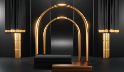 3D rendering of backdrop black podium background show room for black friday products and sale banner