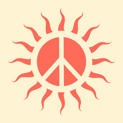 Icon, sticker in hippie style with orange sunny Peace sign on beige background. Retro style. - obrazy, fototapety, plakaty