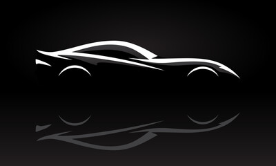 Sports car auto silhouette. Auto garage vehicle showroom. Motor car dealership background. Vector illustrations.