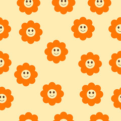seamless pattern with orange flowers with smile and eyes, in the style of a hippie on a yellow background..