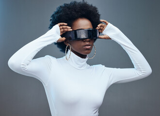 Fashion, hands and black woman with futuristic sunglasses, gen z and stylish with trendy designer...