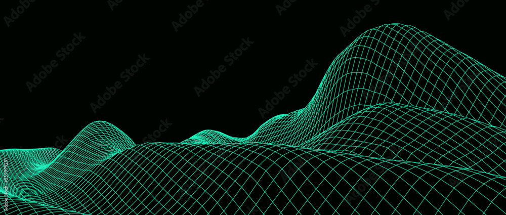 Poster digital wavy wireframe landscape. futuristic linear undulating terrain. digital cyberspace in mounta