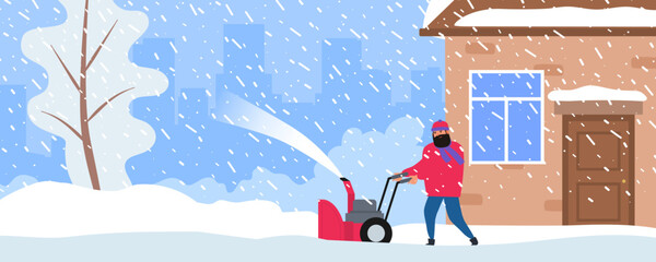 man using a snow blower to clean snow winter weather srorm vector illustration