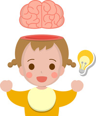 Little baby girl with brain and light bulb