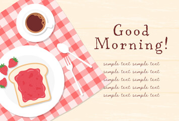 vector background with breakfast with strawberry jam on toast and coffee on the table for banners, cards, flyers, social media wallpapers, etc.