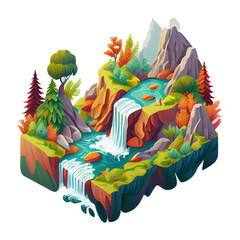 Beautiful waterfall in the mountains and palm trees. Isometric low polygonal illustration. Generative art