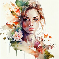Beautiful woman with a flowers. Colorful creative illustration generated by Ai. Generative art	