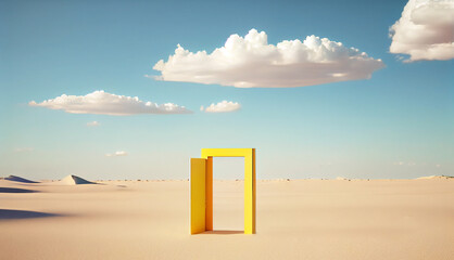 Design Travel Concept. Surreal 3d Illustration of an Open yellow Door in the Middle of the Desert with a blue sky. Commercial Advertising Concept.(Generative AI)