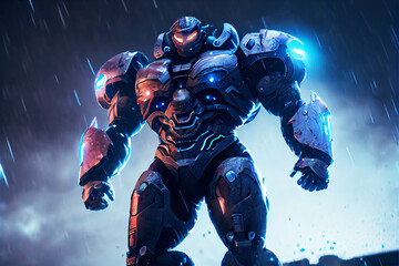 Fototapeta premium Cyberpunk soldier city patrol - 3D illustration of science fiction military robot warrior patrolling nighttime in the heavy rain.