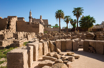 Exposition of the stones of ancient ruins in the open-air museum of the Luxor Temple