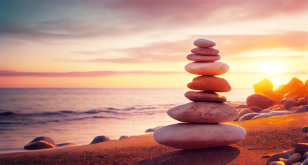 stack of pebbles stones on the beach in the sunrise morning, Life balance, and a mind peaceful concept.(Generative AI)