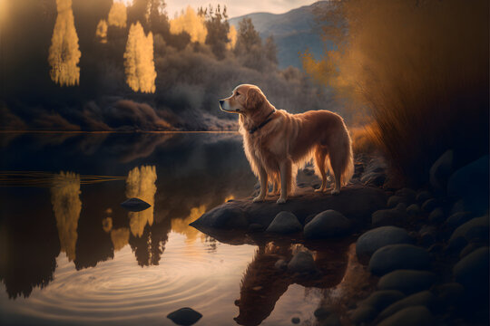 Golden retriever, Golden retriever photo, Golden retriever standing beside river, Golden retriever day 
