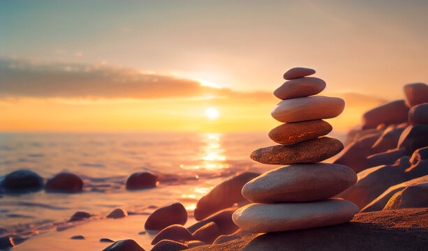 stack of pebbles stones on the beach in the sunrise morning, Life balance, and a mind peaceful concept.(Generative AI)