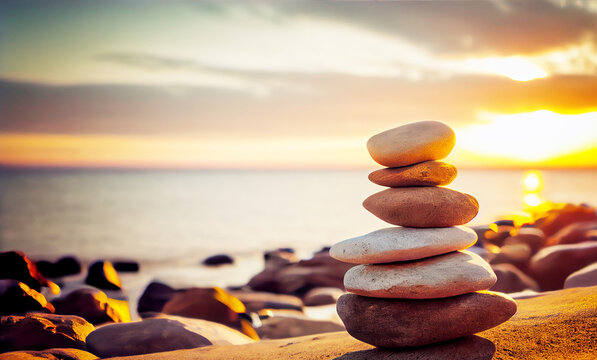 stack of pebbles stones on the beach in the sunrise morning, Life balance, and a mind peaceful concept.(Generative AI)