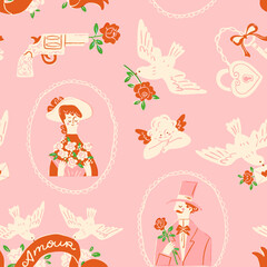 Romantic seamless pattern for Valentine's Day celebration. Lady and gentleman holding flowers, flying doves, love gun and a heart shaped lock. Hand drawn elements in retro style.