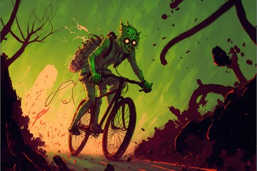 Fototapeta na wymiar A masked post-apocalyptic zombie cyclist