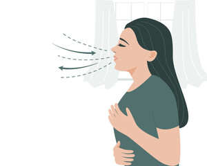 Relaxed woman breathing exercise at home. flat vector illustration.