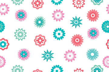 Background of multi-colored decorative flowers isolated on a white background. Cute bright flowers, vector illustration