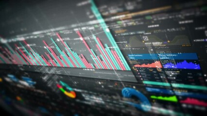 Business stock market, trading, info graphic with animated graphs, charts and data numbers insight analysis to be shown on monitor display screen for business meeting mock up theme