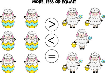 More, less or equal with cute cartoon Easter sheep.