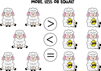 More, less or equal with cute cartoon Easter sheep.