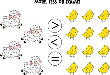 More, less or equal with cute cartoon Easter sheep and chickens.