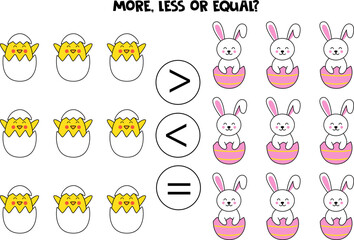 More, less or equal with cute cartoon Easter rabbits and chicks.