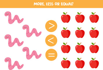 More, less or equal with cute cartoon worm and apples.