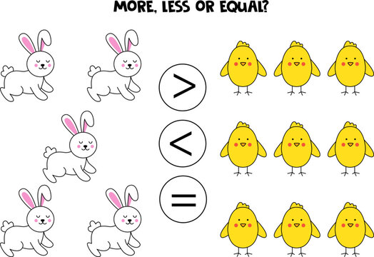 More, less or equal with cute cartoon Easter rabbits and chicks.