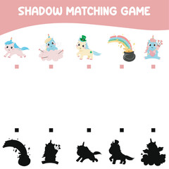 Find the correct shadow. Educational matching game for children. Kids educational game. Preschool worksheet activity. Kawaii Unicorn vector illustrations file.