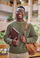 Campus, student and portrait of black man at college building, academy and school for education in...