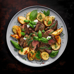 A beautiful dish of grilled meat with potato pieces and mint and basil leaves, an illustration created with Generative AI artificial intelligence technology