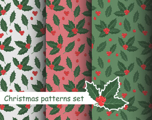 Set of seamless backgrounds. Christmas pattern. Leaves and berries of holly. Christmas decorations isolated on white, green and red background.
