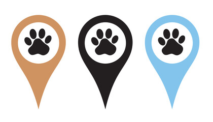 Location pin set. Pins indicating the location of a veterinary clinic, pet store, animal care center. Vector illustration in flat style